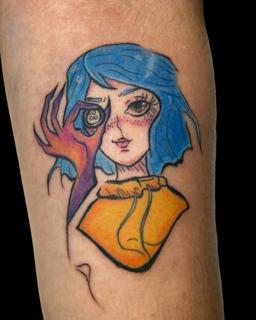 Illustrative coraline character tattoo by @mama.tattooo