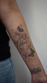 Fine line floral script floral butterflies script tattoo by @manvmadetattoos