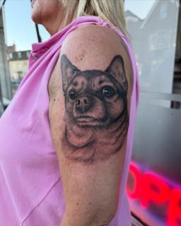 Realism dog portrait tattoo by @not_cultured_tattoo