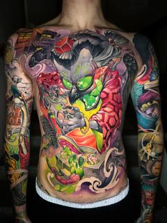 Japanese demon creature tattoo by @marcustattoos