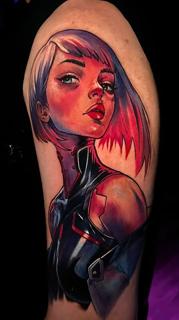 Illustrative cyberpunk woman tattoo by @mariusz_detka_tattoo