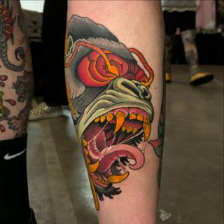 Traditional demon gorilla tattoo by @mvrktattoo