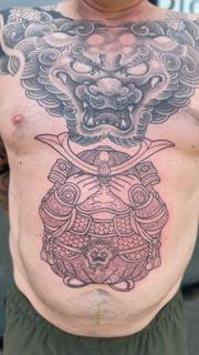 Japanese samurai and lion tattoo by @markwickedink