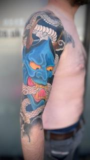 Japanese blue oni mask tattoo by @markwickedink