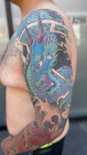 Japanese blue dragon tattoo by @markwickedink