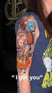 Anime cartoon character tattoo by @mattedwardstattoos