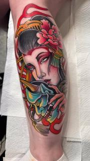 Japanese geisha with mask tattoo by @mattedwardstattoos