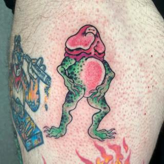 Illustrative frog creature tattoo by @matt.ono.tattoo