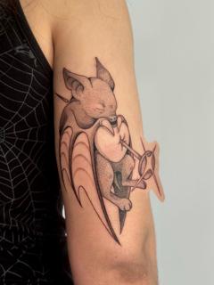 Dotwork bat with heart tattoo by @hunn1i