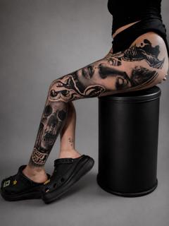 Realism skull and face tattoo by @melina.tatts