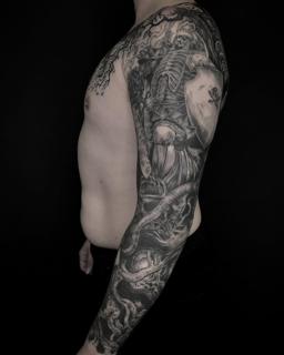 Realism skeleton warrior tattoo by @melina_tattoo