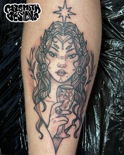 Illustrative mystical woman tattoo by @mjsmith_designs
