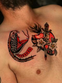 Traditional snake and dagger tattoo by @mikeysharks