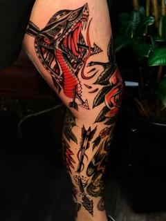 Traditional cobra and roses tattoo by @mikeysharks