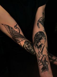 Blackwork bird and woman tattoo by @mikeysharks