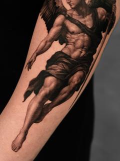 Realism angel figure tattoo by @minaltt