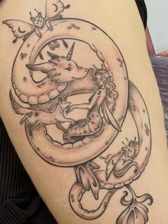 Illustrative fairy dragon tattoo by @moz.tattoos