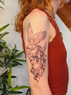 Linework goddess and owl tattoo by @moz.tattoos
