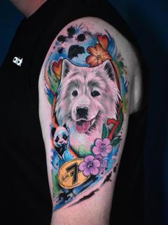 Illustrative fluffy dog portrait tattoo by @monny636