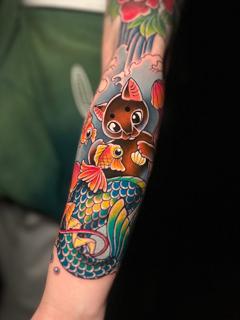 Japanese cat and koi tattoo by @naaat.j