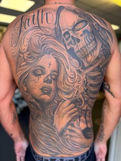 Realism grim reaper and woman tattoo by @nickfarbeyond