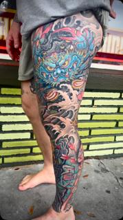 Japanese demon mask tattoo by @nickcarusotattoo