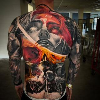 Realism cosmic portrait tattoo by @littlenicktattoo