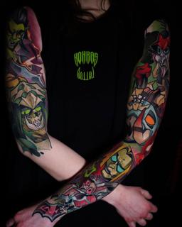 New school colorful characters tattoo by @fodas_tats