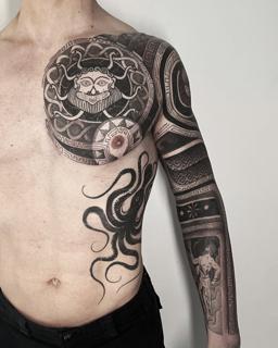 Blackwork medusa and octopus tattoo by @s.lap_inkaholic