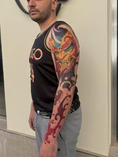 Japanese demon mask tattoo by @kristeake.tattoo