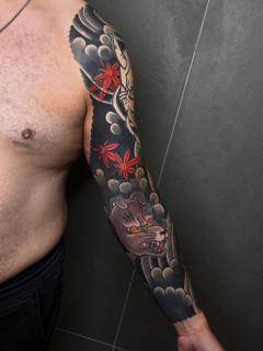 Japanese japanese mask tattoo by @panikas_tattooer