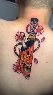 Japanese oni mask dagger tattoo by @panosntolas