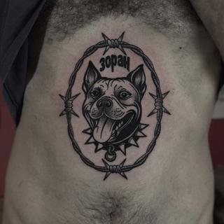 Traditional dog portrait tattoo by @stonerstattoo