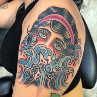 Traditional crying woman tattoo by @ksr_junx