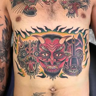 Traditional demon masks tattoo by @ksr_junx