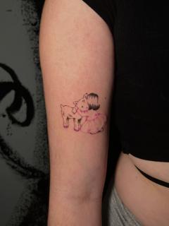 Fine line girl and lamb tattoo by @littletinypoke