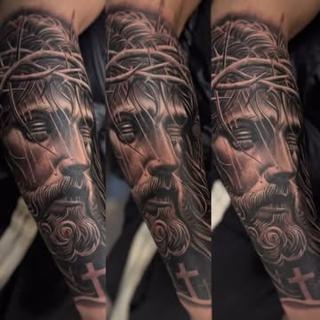 Realism jesus portrait tattoo by @pedrovandiesel