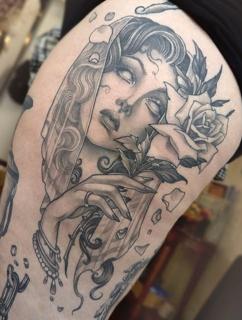 Realism woman with rose tattoo by @penelopetentakles