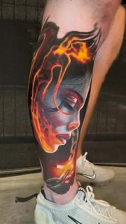 Realism fiery woman tattoo by @lilpete_tattoo