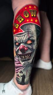 Realism creepy clown tattoo by @lilpete_tattoo