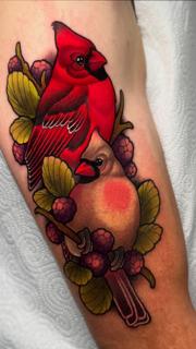 Traditional cardinal birds tattoo by @petermurrayartist