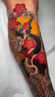 Japanese crane and flowers tattoo by @petermurrayartist