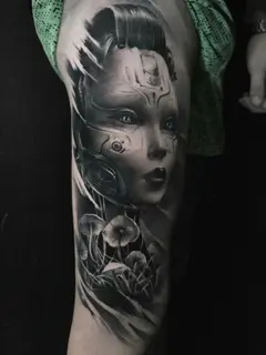 Realism cyborg woman tattoo by @plamenkozarov
