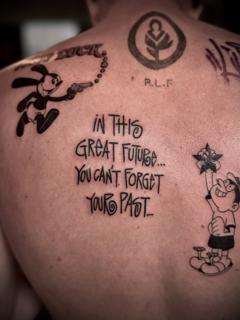 Illustrative quote and cartoons tattoo by @kylepotterink