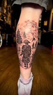Japanese illustrative samurai landscape tattoo by @kylepotterink