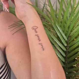 Fine line script text tattoo by @rachaelmarie.floraink