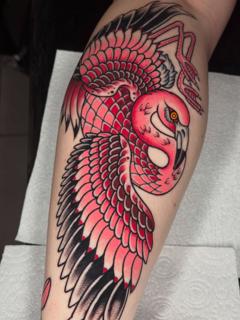 Traditional flamingo tattoo by @reece_bolt