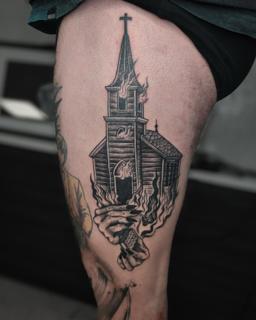 Blackwork burning church tattoo by @regna.sm_tattooer
