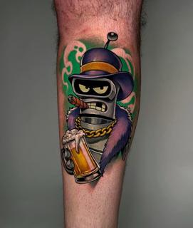 New school robot with beer tattoo by @rino__tattoo