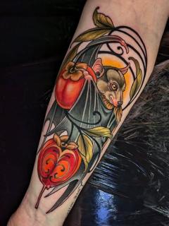 Neo-traditional bat with fruit tattoo by @rocio_todisco